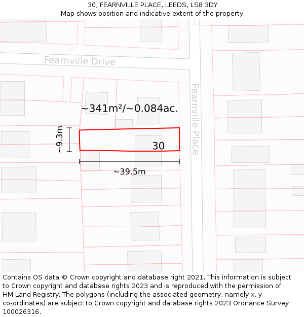 30, FEARNVILLE PLACE, LEEDS, LS8 3DY: Plot and title map