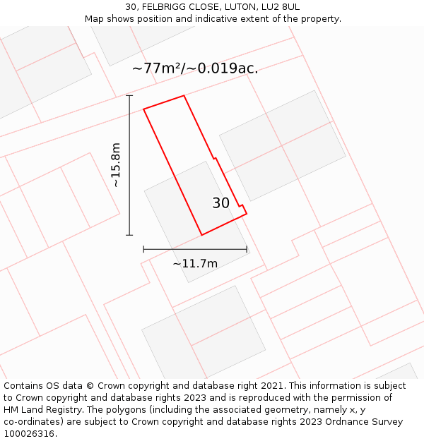 30, FELBRIGG CLOSE, LUTON, LU2 8UL: Plot and title map