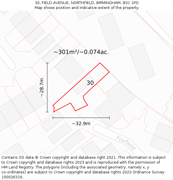 30, FIELD AVENUE, NORTHFIELD, BIRMINGHAM, B31 1PD: Plot and title map