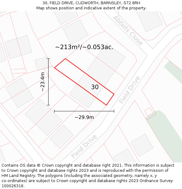 30, FIELD DRIVE, CUDWORTH, BARNSLEY, S72 8RH: Plot and title map