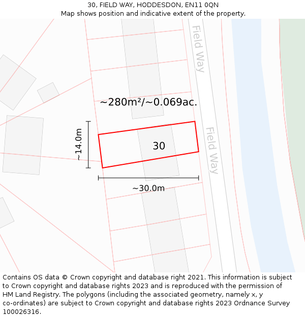 30, FIELD WAY, HODDESDON, EN11 0QN: Plot and title map