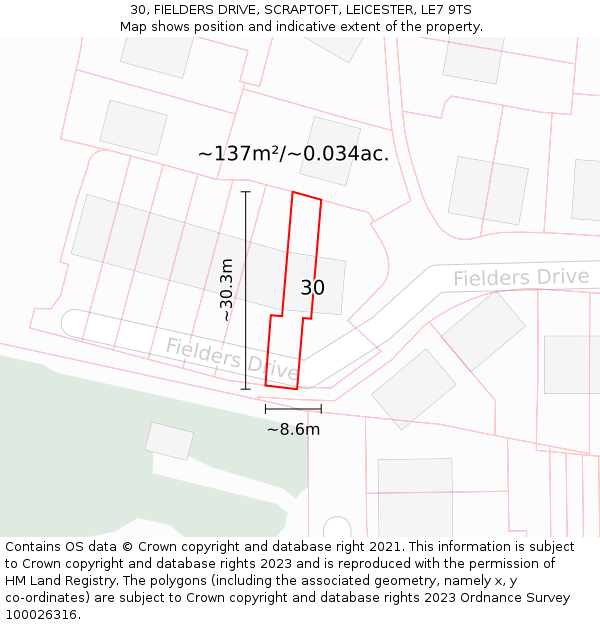 30, FIELDERS DRIVE, SCRAPTOFT, LEICESTER, LE7 9TS: Plot and title map