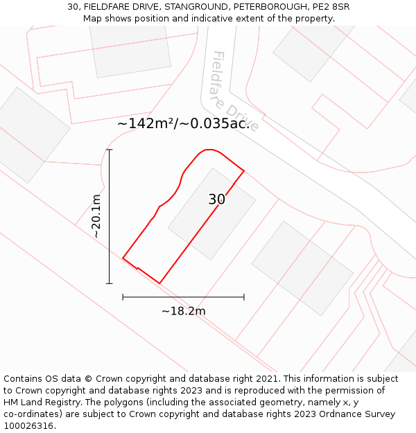 30, FIELDFARE DRIVE, STANGROUND, PETERBOROUGH, PE2 8SR: Plot and title map