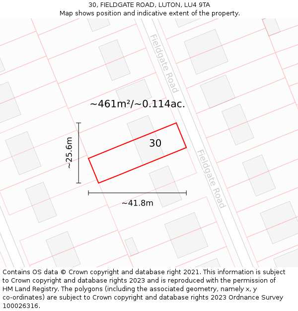 30, FIELDGATE ROAD, LUTON, LU4 9TA: Plot and title map