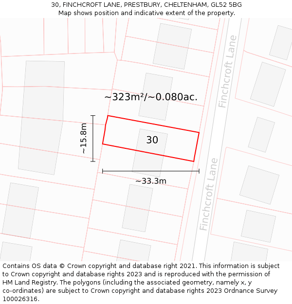 30, FINCHCROFT LANE, PRESTBURY, CHELTENHAM, GL52 5BG: Plot and title map
