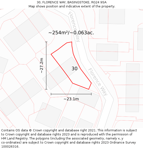 30, FLORENCE WAY, BASINGSTOKE, RG24 9SA: Plot and title map