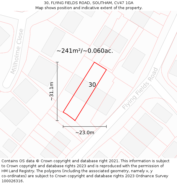 30, FLYING FIELDS ROAD, SOUTHAM, CV47 1GA: Plot and title map