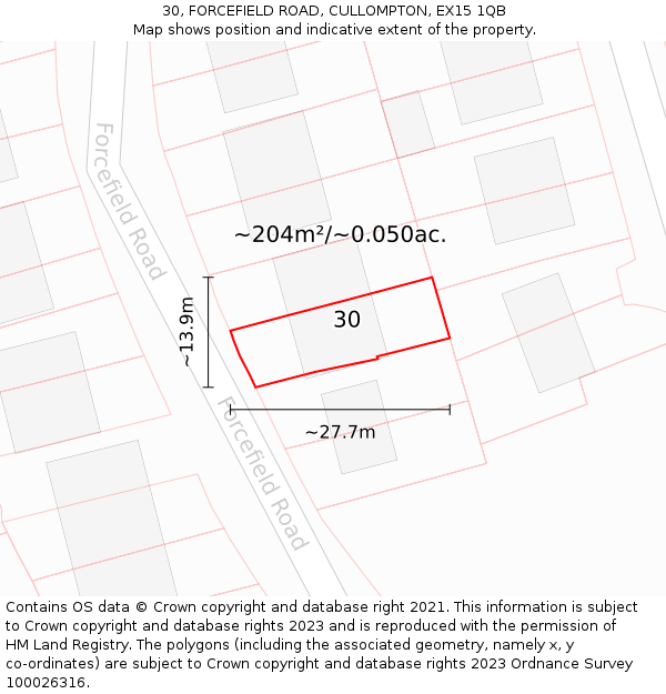30, FORCEFIELD ROAD, CULLOMPTON, EX15 1QB: Plot and title map