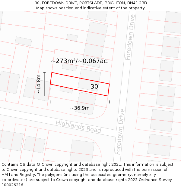 30, FOREDOWN DRIVE, PORTSLADE, BRIGHTON, BN41 2BB: Plot and title map