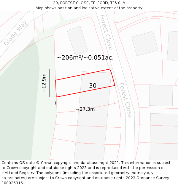 30, FOREST CLOSE, TELFORD, TF5 0LA: Plot and title map