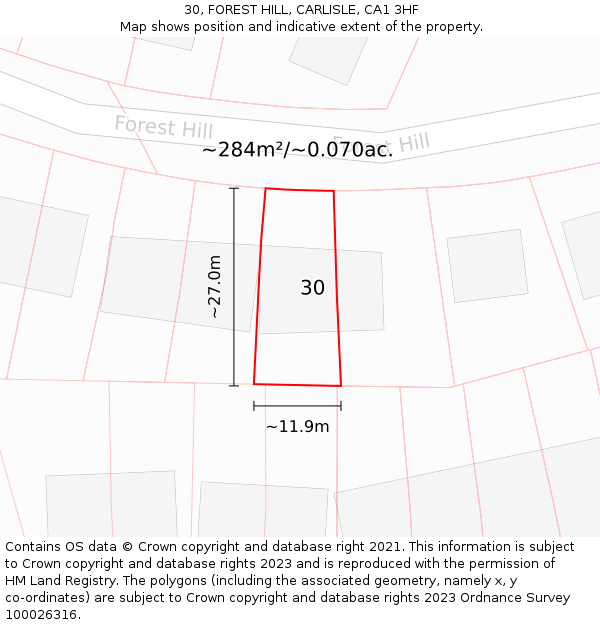 30, FOREST HILL, CARLISLE, CA1 3HF: Plot and title map