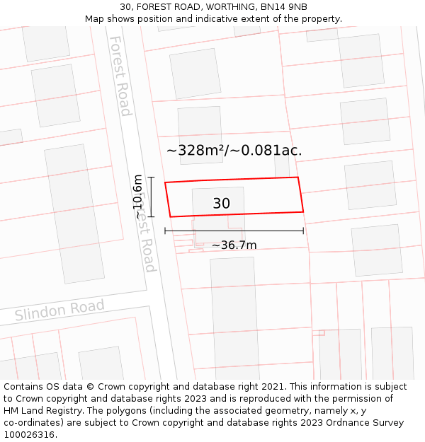 30, FOREST ROAD, WORTHING, BN14 9NB: Plot and title map