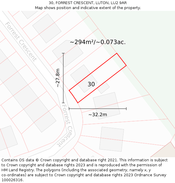 30, FORREST CRESCENT, LUTON, LU2 9AR: Plot and title map