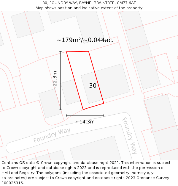 30, FOUNDRY WAY, RAYNE, BRAINTREE, CM77 6AE: Plot and title map