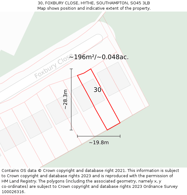 30, FOXBURY CLOSE, HYTHE, SOUTHAMPTON, SO45 3LB: Plot and title map