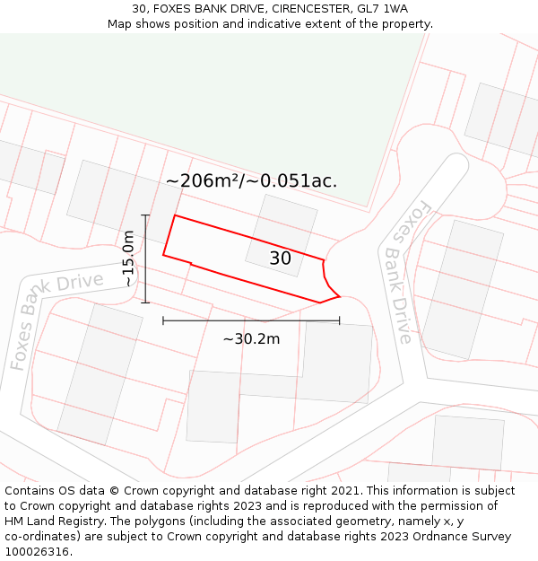 30, FOXES BANK DRIVE, CIRENCESTER, GL7 1WA: Plot and title map
