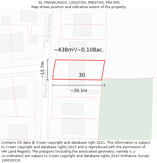 30, FRANKLANDS, LONGTON, PRESTON, PR4 5PD: Plot and title map