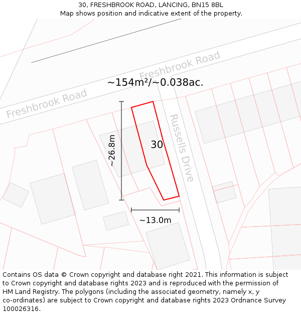 30, FRESHBROOK ROAD, LANCING, BN15 8BL: Plot and title map