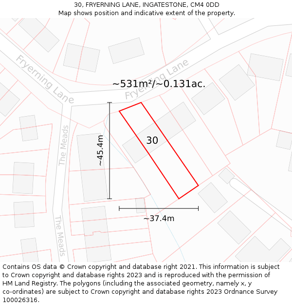 30, FRYERNING LANE, INGATESTONE, CM4 0DD: Plot and title map