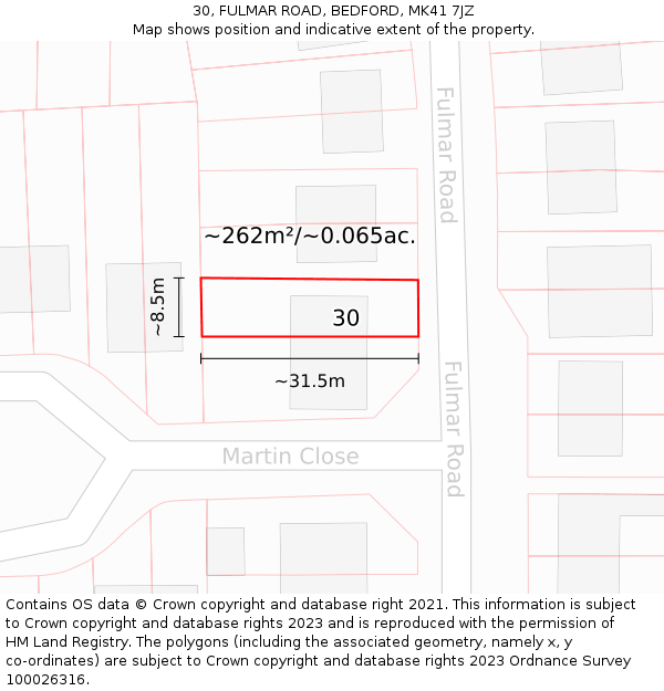 30, FULMAR ROAD, BEDFORD, MK41 7JZ: Plot and title map