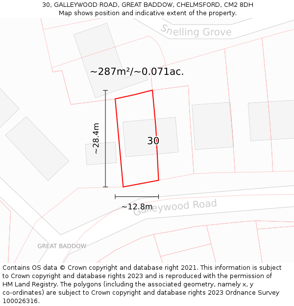 30, GALLEYWOOD ROAD, GREAT BADDOW, CHELMSFORD, CM2 8DH: Plot and title map