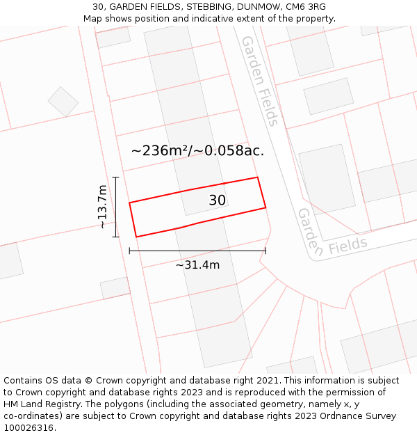 30, GARDEN FIELDS, STEBBING, DUNMOW, CM6 3RG: Plot and title map