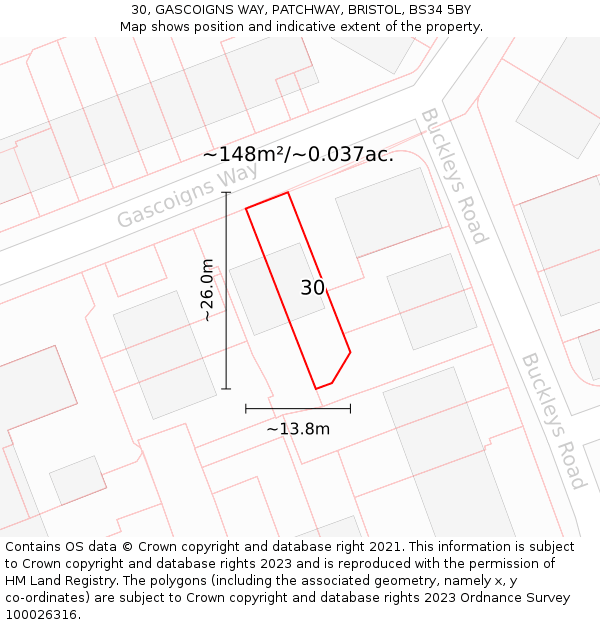 30, GASCOIGNS WAY, PATCHWAY, BRISTOL, BS34 5BY: Plot and title map
