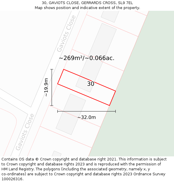 30, GAVIOTS CLOSE, GERRARDS CROSS, SL9 7EL: Plot and title map
