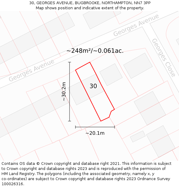 30, GEORGES AVENUE, BUGBROOKE, NORTHAMPTON, NN7 3PP: Plot and title map