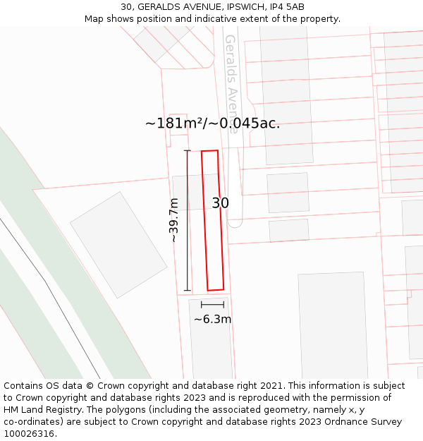 30, GERALDS AVENUE, IPSWICH, IP4 5AB: Plot and title map