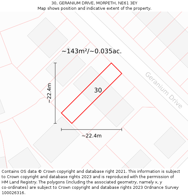 30, GERANIUM DRIVE, MORPETH, NE61 3EY: Plot and title map
