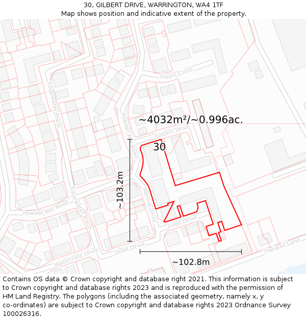 30, GILBERT DRIVE, WARRINGTON, WA4 1TF: Plot and title map