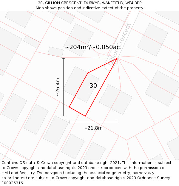 30, GILLION CRESCENT, DURKAR, WAKEFIELD, WF4 3PP: Plot and title map