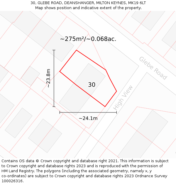 30, GLEBE ROAD, DEANSHANGER, MILTON KEYNES, MK19 6LT: Plot and title map