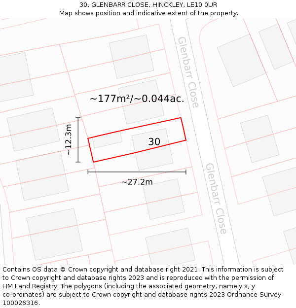 30, GLENBARR CLOSE, HINCKLEY, LE10 0UR: Plot and title map