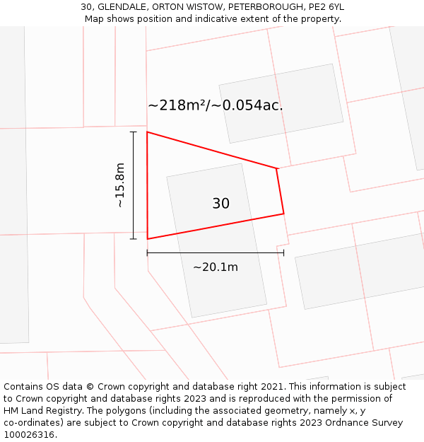 30, GLENDALE, ORTON WISTOW, PETERBOROUGH, PE2 6YL: Plot and title map