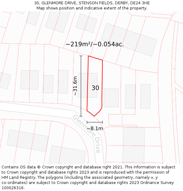 30, GLENMORE DRIVE, STENSON FIELDS, DERBY, DE24 3HE: Plot and title map