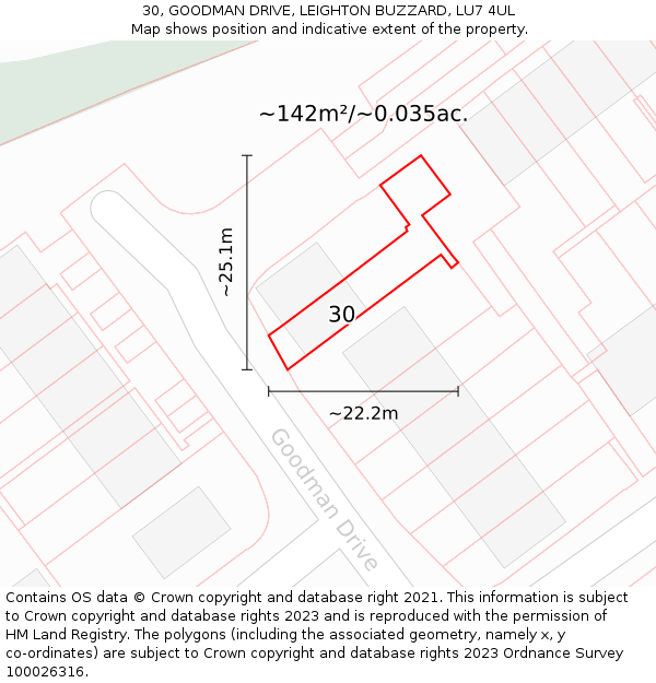 30, GOODMAN DRIVE, LEIGHTON BUZZARD, LU7 4UL: Plot and title map