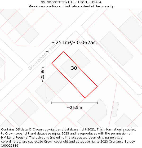 30, GOOSEBERRY HILL, LUTON, LU3 2LA: Plot and title map