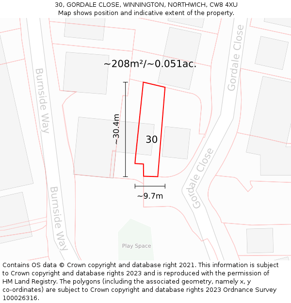 30, GORDALE CLOSE, WINNINGTON, NORTHWICH, CW8 4XU: Plot and title map
