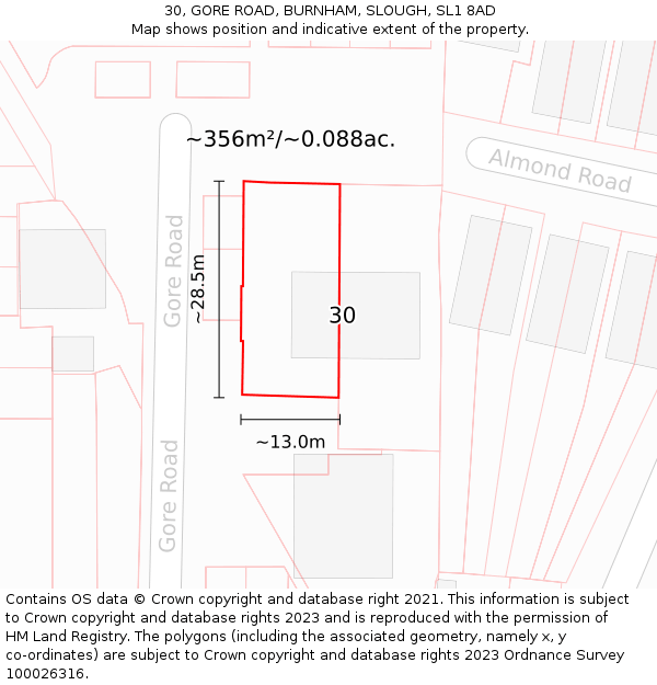 30, GORE ROAD, BURNHAM, SLOUGH, SL1 8AD: Plot and title map