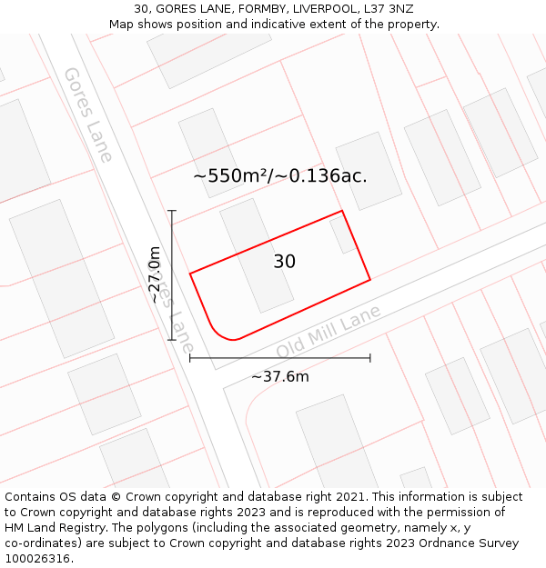30, GORES LANE, FORMBY, LIVERPOOL, L37 3NZ: Plot and title map