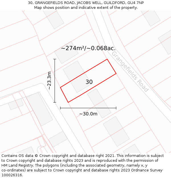 30, GRANGEFIELDS ROAD, JACOBS WELL, GUILDFORD, GU4 7NP: Plot and title map
