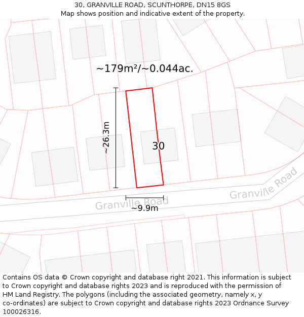 30, GRANVILLE ROAD, SCUNTHORPE, DN15 8GS: Plot and title map
