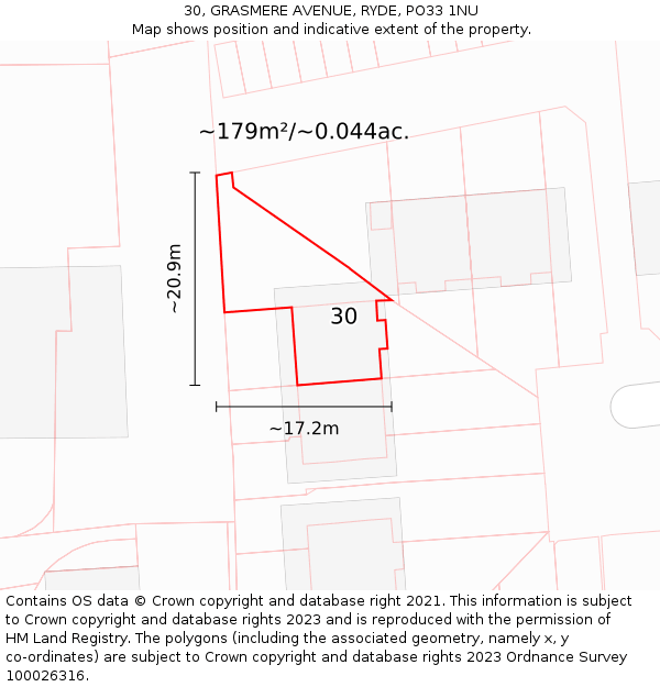 30, GRASMERE AVENUE, RYDE, PO33 1NU: Plot and title map