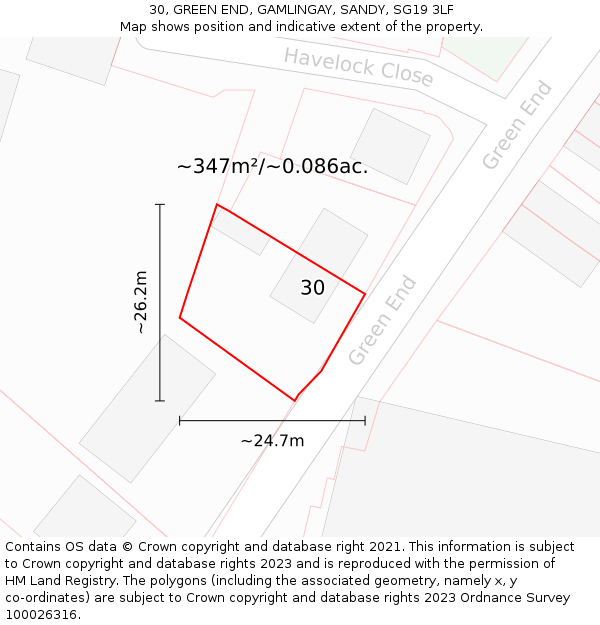 30, GREEN END, GAMLINGAY, SANDY, SG19 3LF: Plot and title map