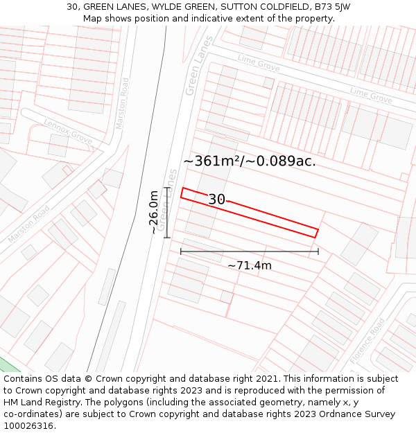 30, GREEN LANES, WYLDE GREEN, SUTTON COLDFIELD, B73 5JW: Plot and title map