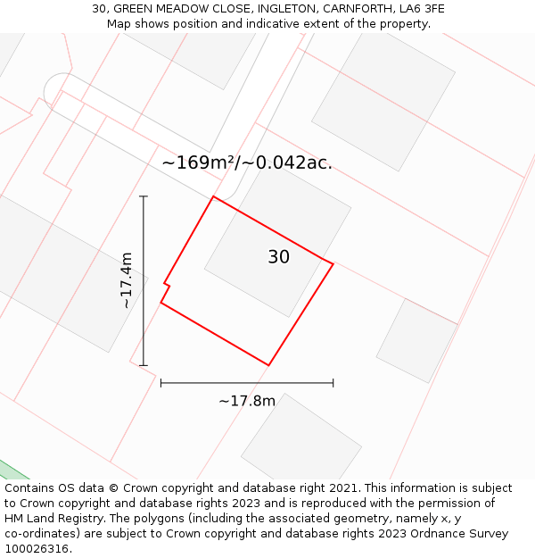 30, GREEN MEADOW CLOSE, INGLETON, CARNFORTH, LA6 3FE: Plot and title map