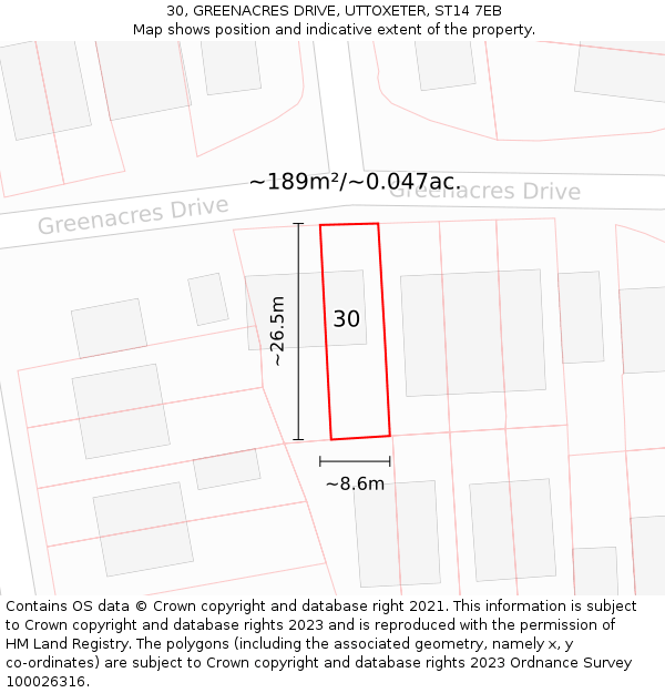 30, GREENACRES DRIVE, UTTOXETER, ST14 7EB: Plot and title map