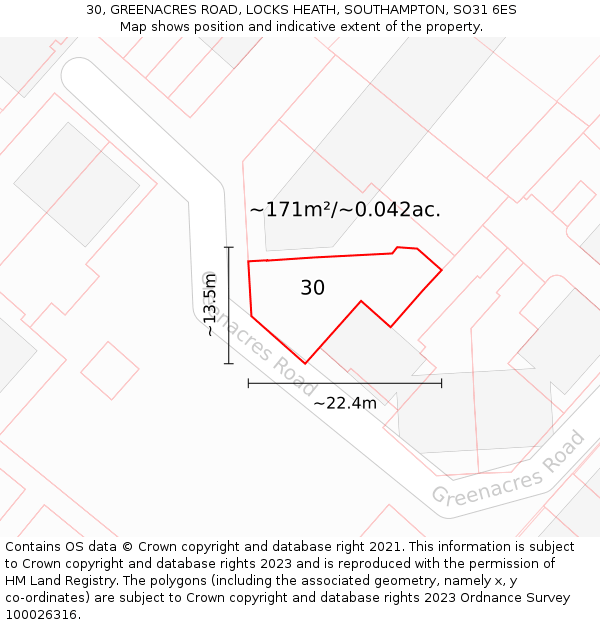 30, GREENACRES ROAD, LOCKS HEATH, SOUTHAMPTON, SO31 6ES: Plot and title map